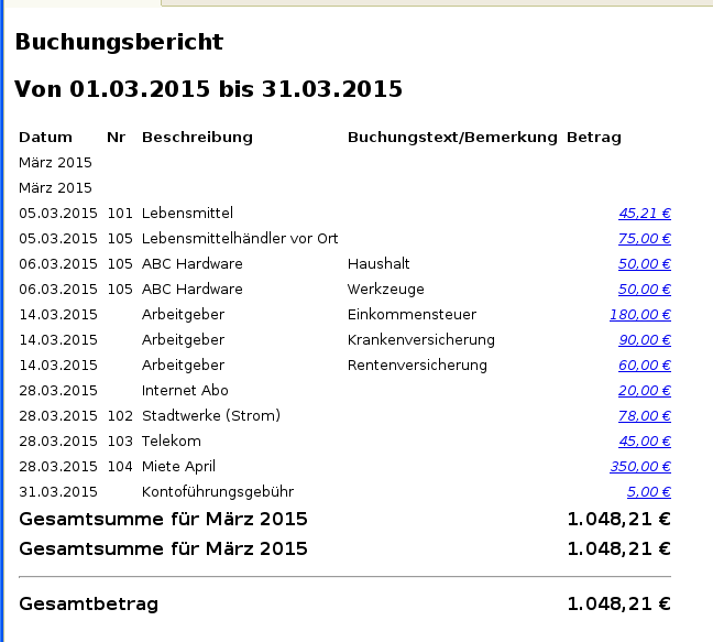 Buchungsbericht für die Aufwandskonten im Monat März