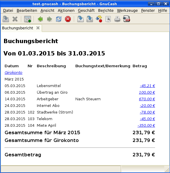 Buchungsbericht für das Girokonto für den Monat März