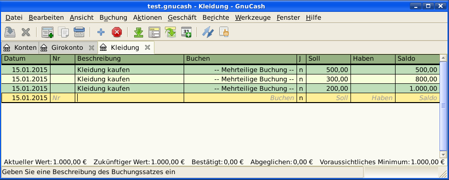 Ansicht des Kontos Aufwand:Kleidung