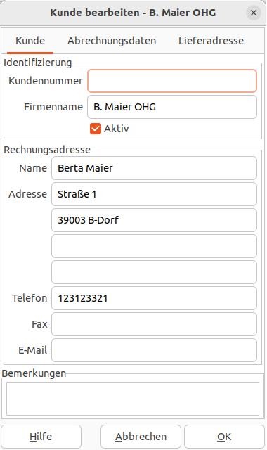 Datenfelder im Dialog auf dem Reiter Kunde